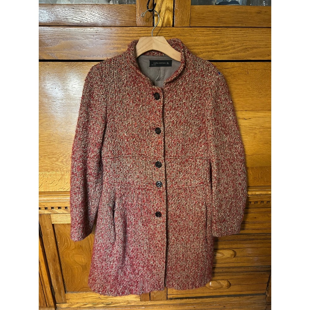 Zara Twee Granola Boho Indie Red Tweed Wool Blend Empire Waist Coat Spain Small